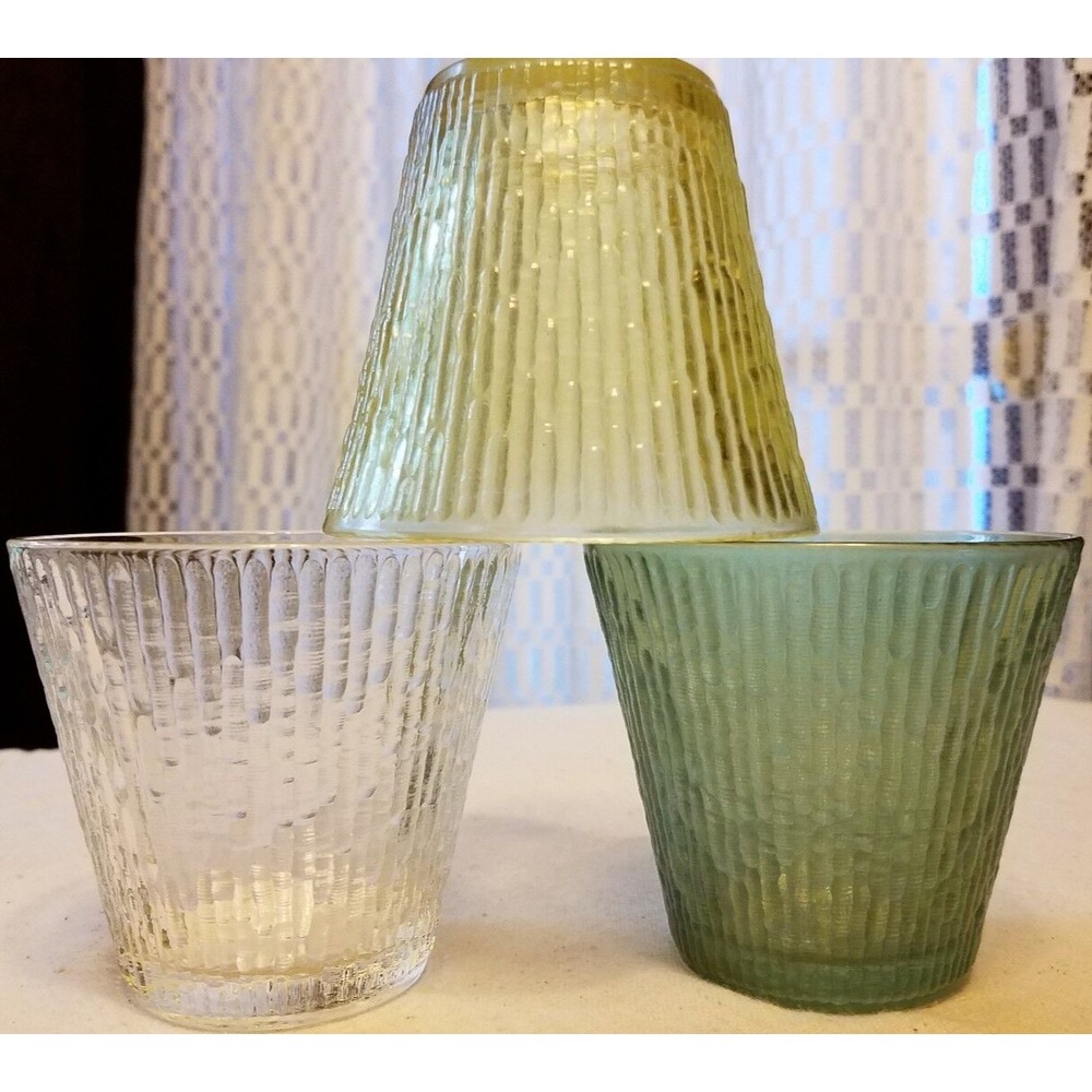 Jeannette Finlandia Juice Glasses Vtg Bark Iridescent Set of 3 Blue Clear Yellow